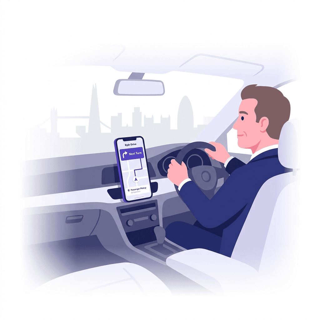 Chauffeur driving and navigating with Rydr Driver App